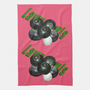 Black Lawn Bowls And Green Lawnbowls Logo, Pink Tea Towel