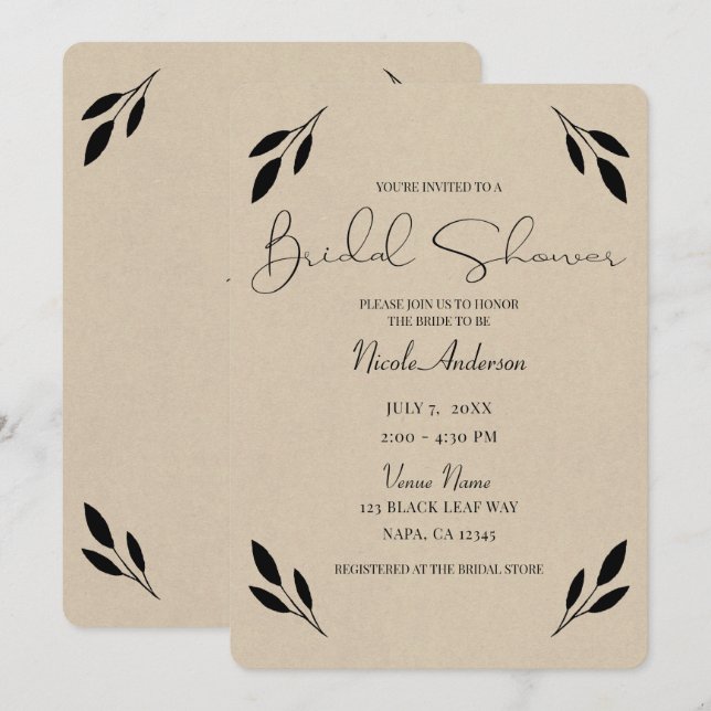 Black Leaf Botanical Rustic Kraft Bridal Shower Invitation (Front/Back)