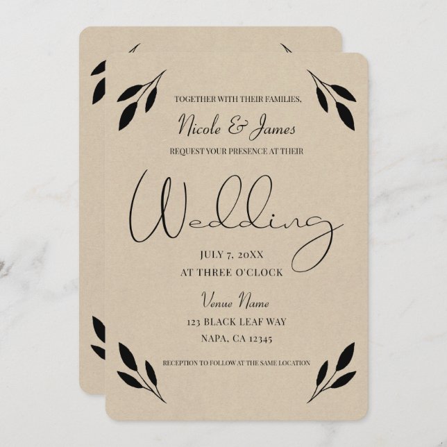 Black Leaf Botanical Rustic Modern Kraft Wedding Invitation (Front/Back)