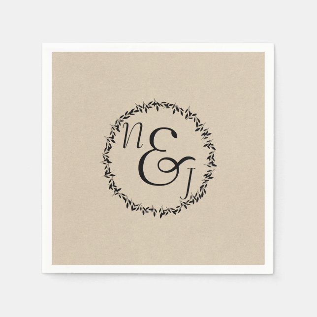 Black Leaf Botanical Rustic Modern Kraft Wedding Napkin (Front)