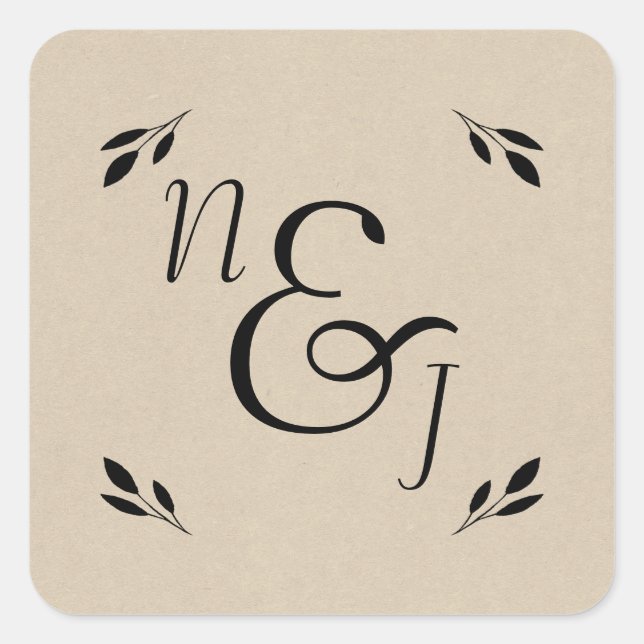 Black Leaf Botanical Rustic Modern Kraft Wedding Square Sticker (Front)