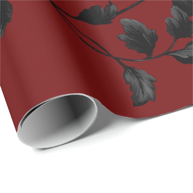 Black Leaf Floral Vine Pattern On Crimson Red Wrapping Paper (Roll Corner)