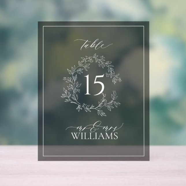 Black Leafy Crest Monogram Wedding Table Number Acrylic Sign (Neutral)
