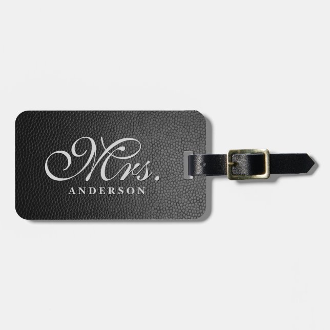 Black leather background monogrammed luggage tag (Front Horizontal)