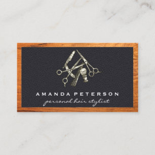 Black Leather Barber Shop Wood Frame Business Card