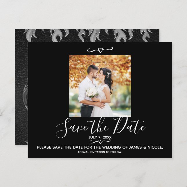 Black Leather Bike Wedding Photo Save the Date (Front/Back)