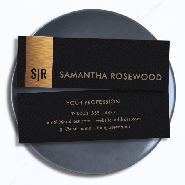 Black Leather & Brushed Gold Bar Monogram  Mini Business Card (Creator Uploaded)
