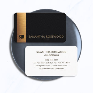 Black Leather & Brushed Gold Panel Monogram Business Card