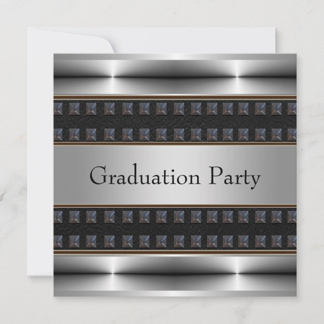 Black Leather Chrome Boys Graduation Party Invitation (Front)