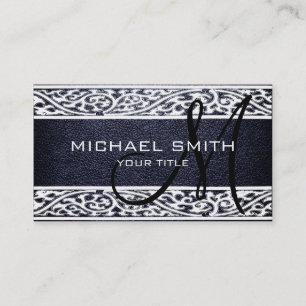 Black Leather Damask Border Business Card