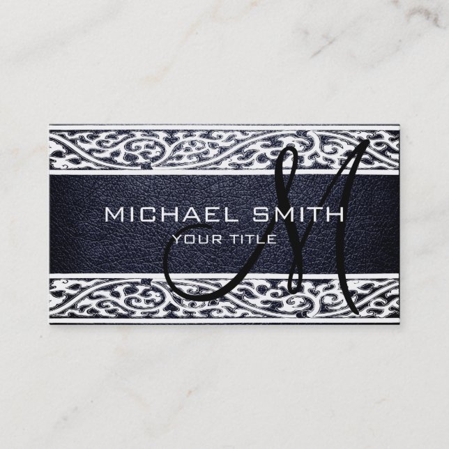 Black Leather Damask Border Business Card (Front)