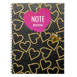 black leather fake style with gold hearts,  notebook