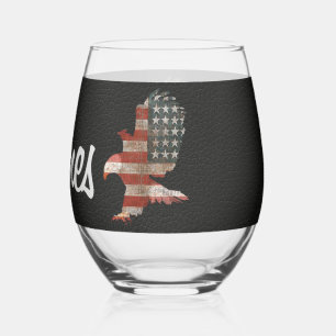 Black Leather Flag Eagle and Name Stemless Wine Glass