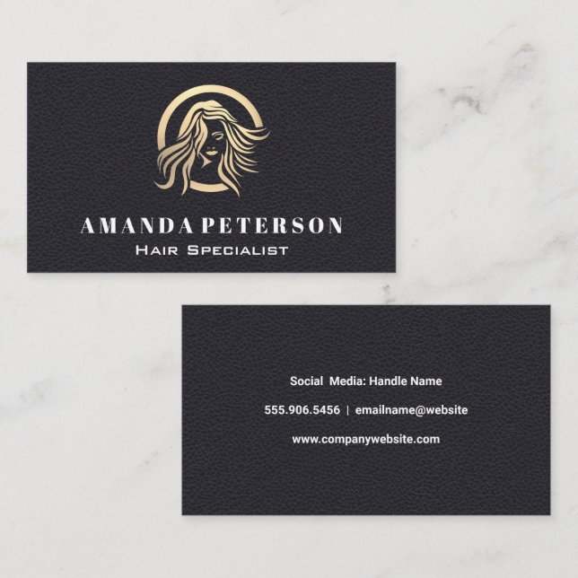 Black Leather | Flowing Hair Logo Business Card (Front/Back)
