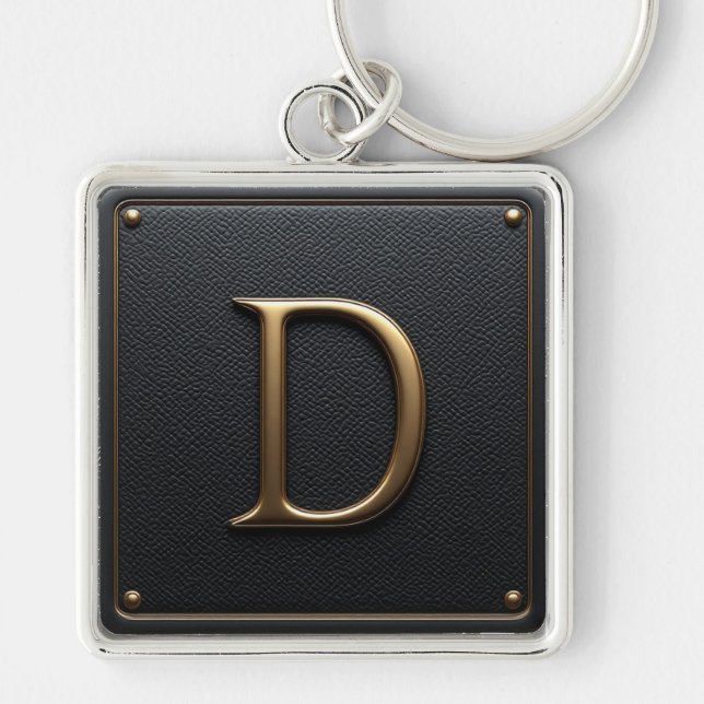 🔑 Black Leather Gold D Initial Frame Emblem 🟡 Key Ring (Front)