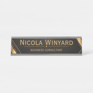 Black Leather Gold Executive Desk Nameplate