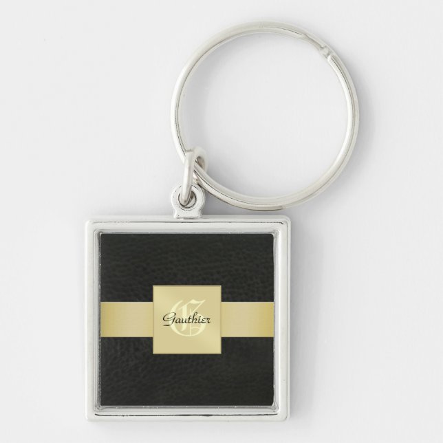 Black Leather Gold Monogram Father's Day Keychain (Front)