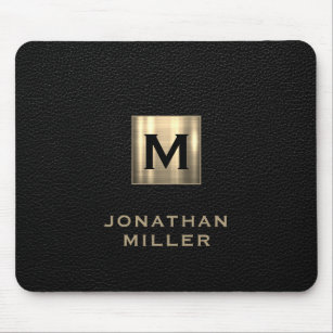 Black Leather Gold Monogram Mouse Pad