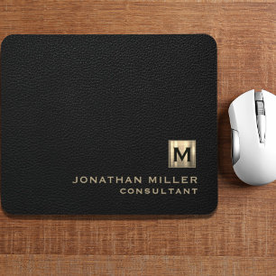 Black Leather Gold Monogram Mouse Pad