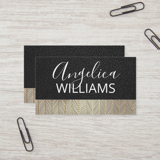 Black Leather | Gold Pattern Lines Business Card (Front/Back In Situ)