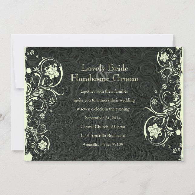Black Leather Look Cream Lace Wedding Invitation (Front)