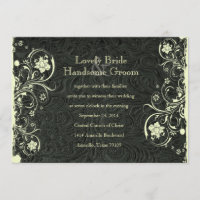 Black Leather Look Cream Lace Wedding Invitation