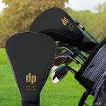 Black Leather Look Monogram and Personalised Name Golf Head Cover<br><div class="desc">Personalised golf driver head cover. Your initials are lettered in modern oversized typography and you can also add either your name or your golf club's name. The design is printed with a leather textured look background in black.</div>