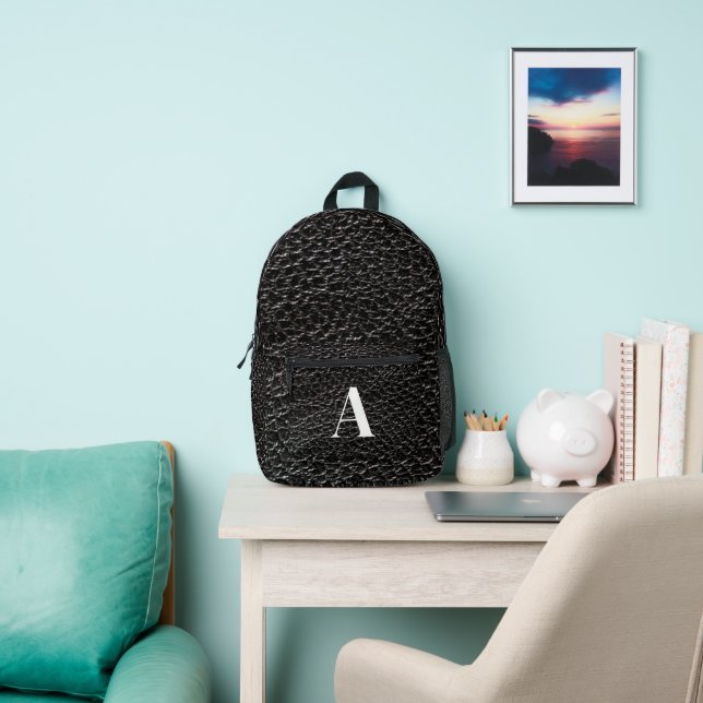 Black leather look monogram printed backpack (Insitu)