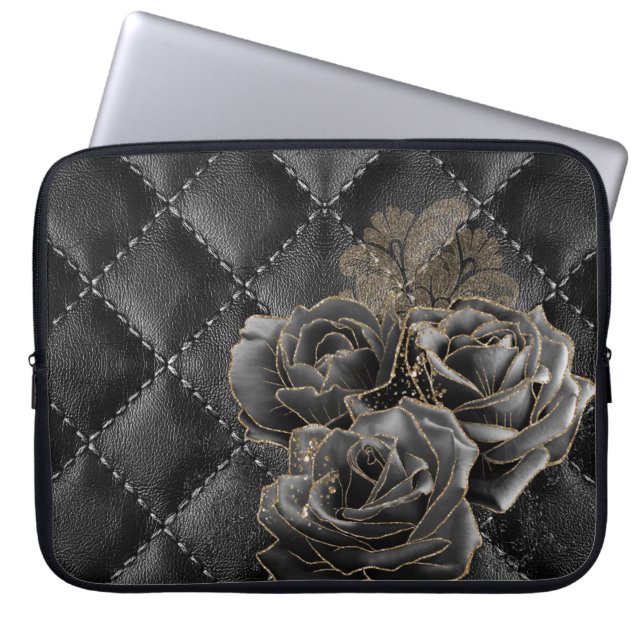 BLACK LEATHER LOOK PATTERN WITH BLACK GOLD ROSES LAPTOP SLEEVE (Front)