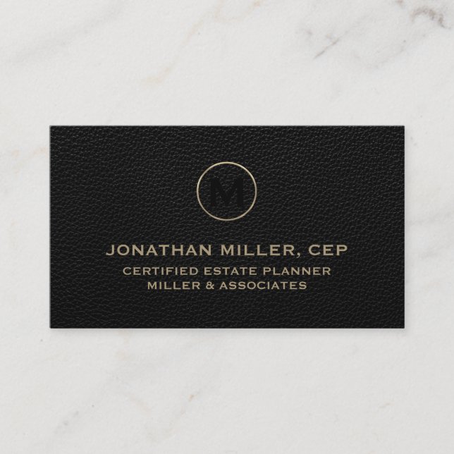 Black Leather Luxury Gold Initial Logo Business Card (Front)