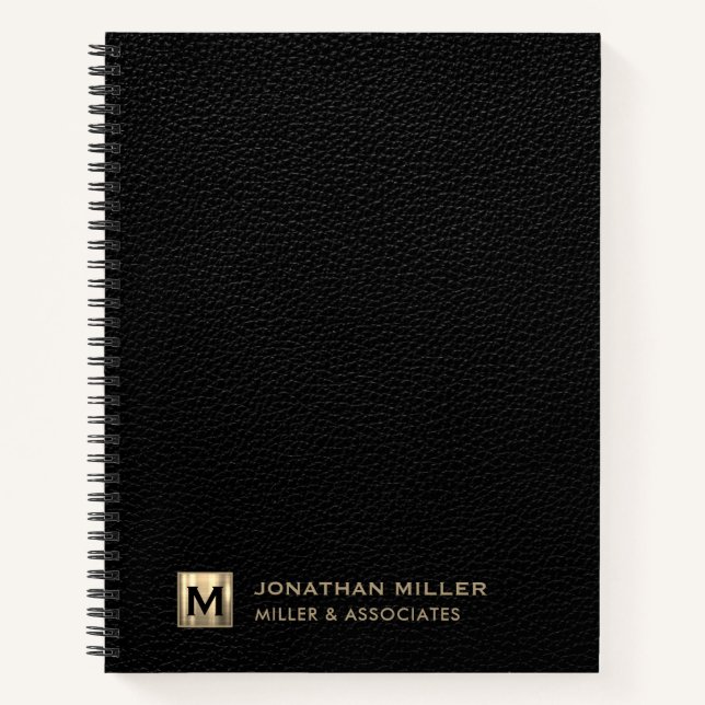 Black Leather Luxury Gold Initial Logo Notebook (Front)