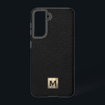 Black Leather Luxury Gold Monogram Samsung Galaxy Case<br><div class="desc">Simple luxury monogrammed phone case features a modern design with brushed metallic gold monogram emblem on black leather look textured background. </div>