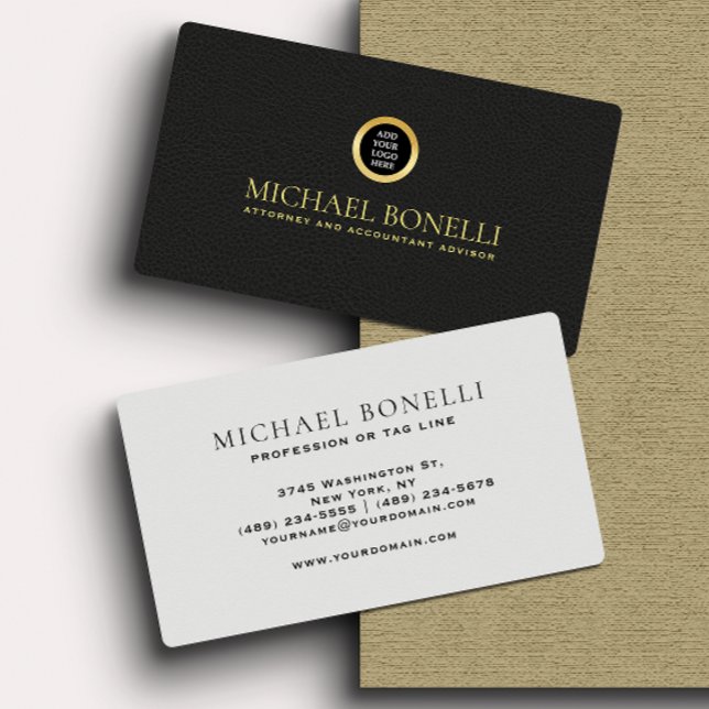  Black Leather Masculine Corporate Round Gold Logo Business Card (Creator Uploaded)