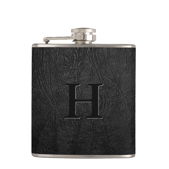 Black Leather Monogram Hip Flask (Front)