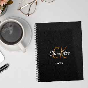 Black leather monogram initials name 2026 planner