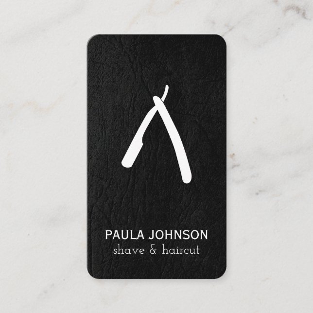 Black Leather Moustache and Barber Blade Business Card (Front)