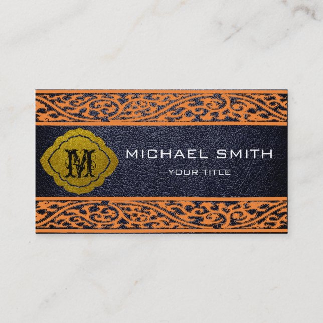 Black Leather Orange Damask Border Business Card (Front)
