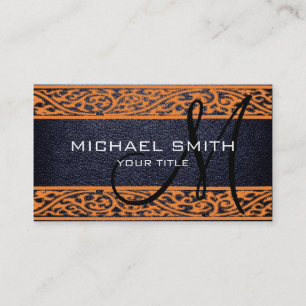 Black Leather Orange Damask Border Business Card