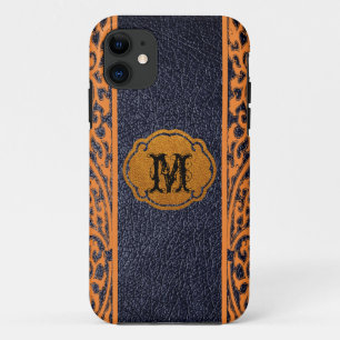 Black Leather Orange Damask Case-Mate iPhone Case