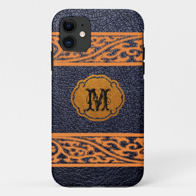 Black Leather Orange Damask Case-Mate iPhone Case (Back)