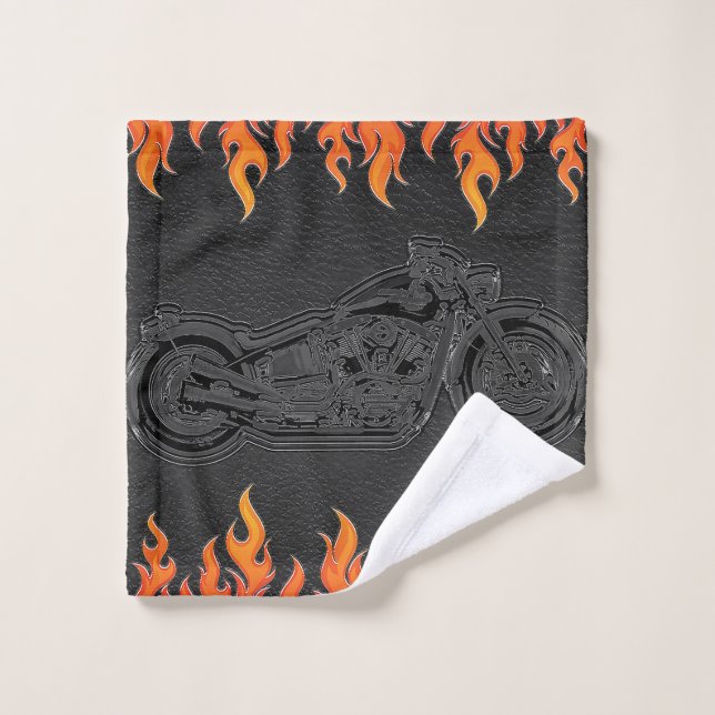 Black Leather Orange Flames Hot Fire Motorcycle Bath Towel Set (Wash Cloth)
