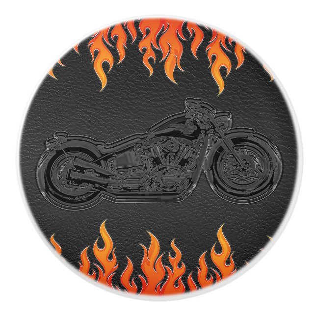 Black Leather Orange Flames Hot Fire Motorcycle Ceramic Knob (Front)