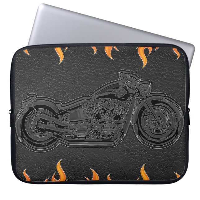 Black Leather Orange Flames Hot Fire Motorcycle Laptop Sleeve (Front)