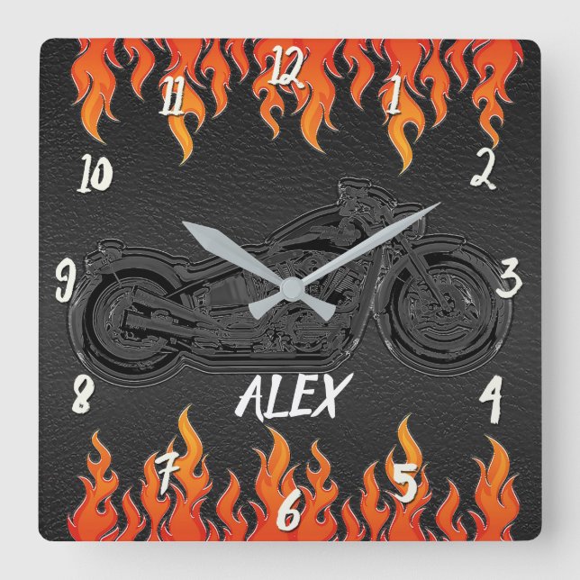 Black Leather Orange Flames Hot Fire Motorcycle Square Wall Clock (Front)