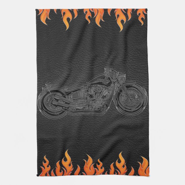 Black Leather Orange Flames Hot Fire Motorcycle Tea Towel (Vertical)