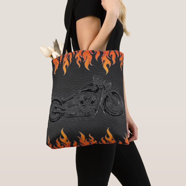 Black Leather Orange Flames Hot Fire Motorcycle Tote Bag (Close Up)