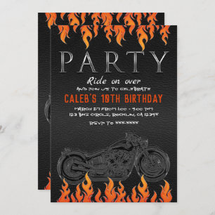 Black Leather Orange Flames Motorcycle Biker Party Invitation