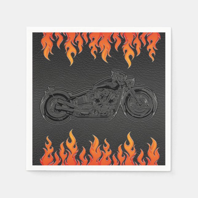 Black Leather Orange Flames Motorcycle Biker Party Napkin (Front)