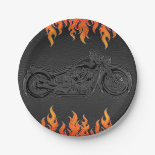 Black Leather Orange Flames Motorcycle Biker Party Paper Plate