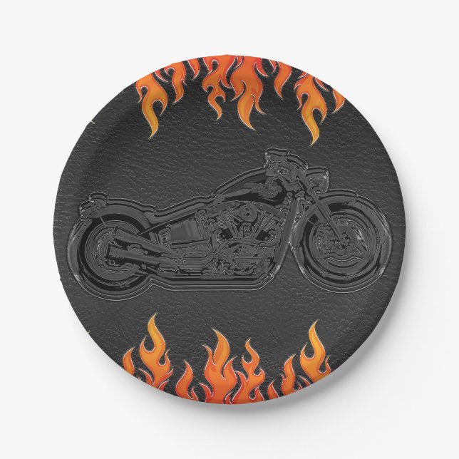 Black Leather Orange Flames Motorcycle Biker Party Paper Plate (Front)